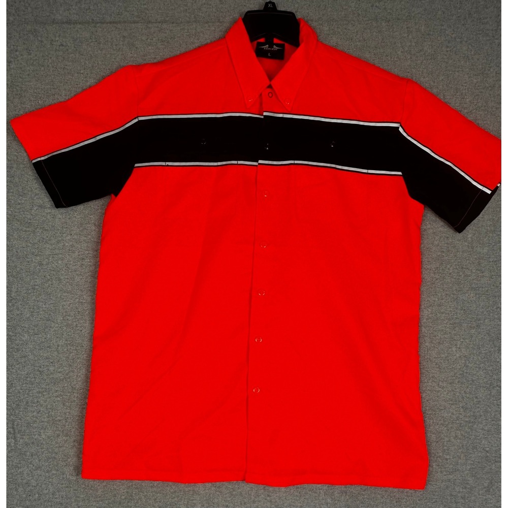 Biker Apparel Button Up Shirt Mens Large Red Reflective Stripe Mechanic Pockets